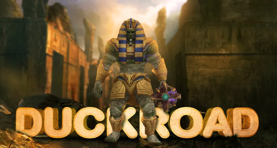 A pharaoh unique standing behind the golden DuckRoad logo