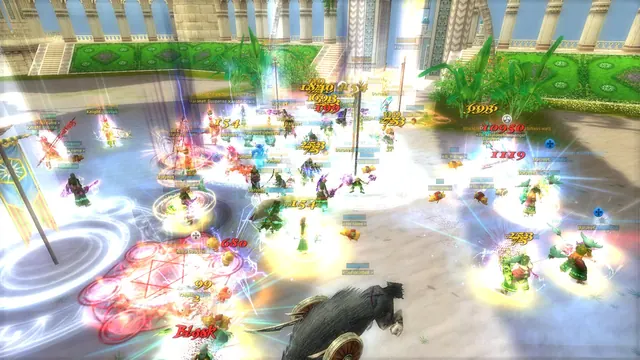 A mass battle in a sunny DuckRoad courtyard